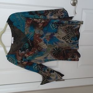 Ladies black/ brown/turquoise/green/tan V-neck top.  Size XL.